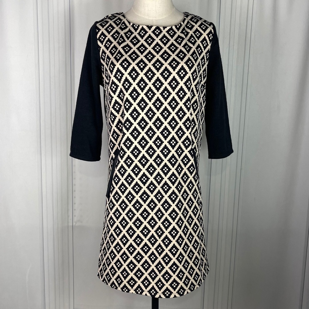 Anthropologie THML Isadora Diamond Pattern Shift 3/4 Sleeve Dress Black/Cream‎ S